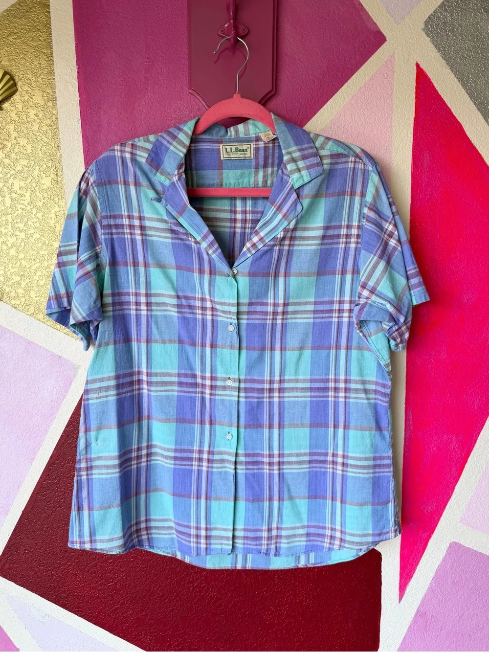 Vintage L.L. Bean Plaid Shirt Sz 18 Made in USA Purple Teal Short Sleeve
